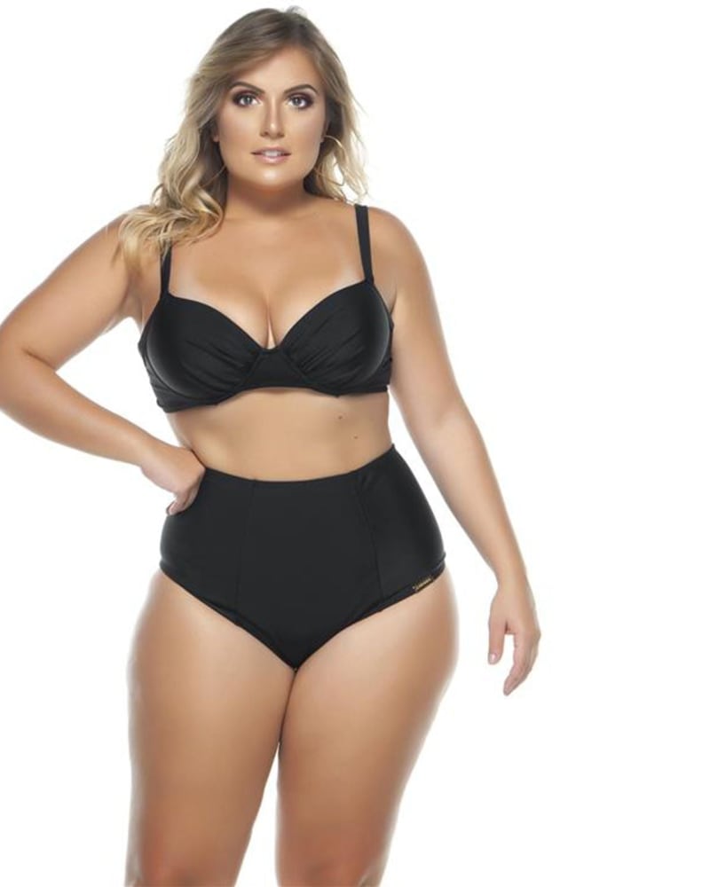 Front of a model wearing a size 24 High Waisted Bikini Bottom in Black by Lehona. | dia_product_style_image_id:267381